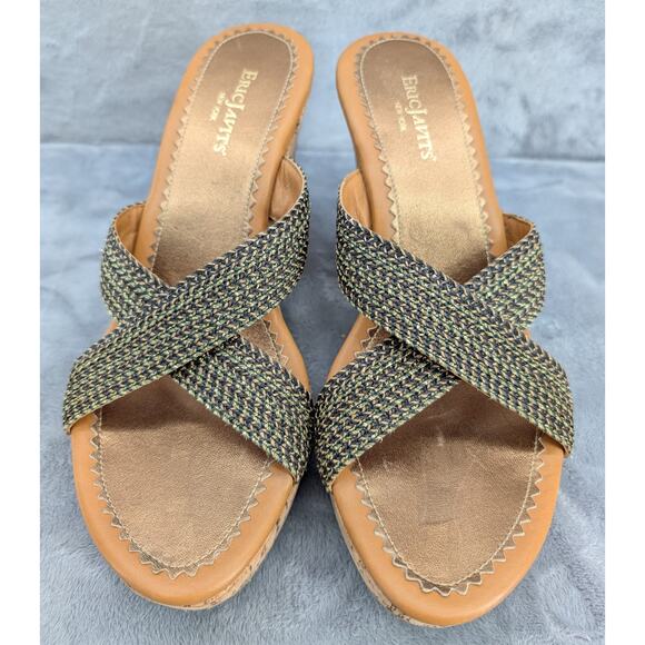Eric Javits New York woven crisscross cork wedge 4" heels slip on made in Italy - Picture 2 of 8
